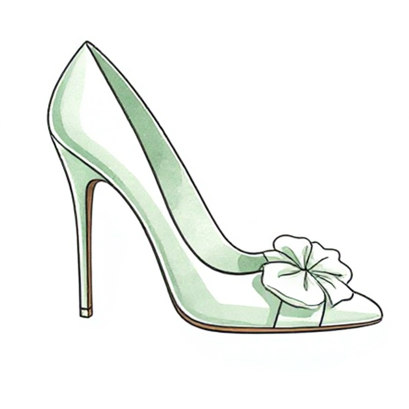 Mint green high-heeled shoe with a decorative bow on a white background