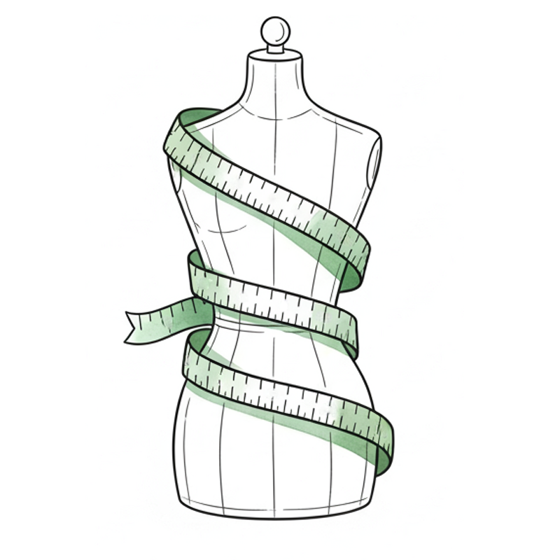 Mannequin with a green measuring tape wrapped around it on a white background